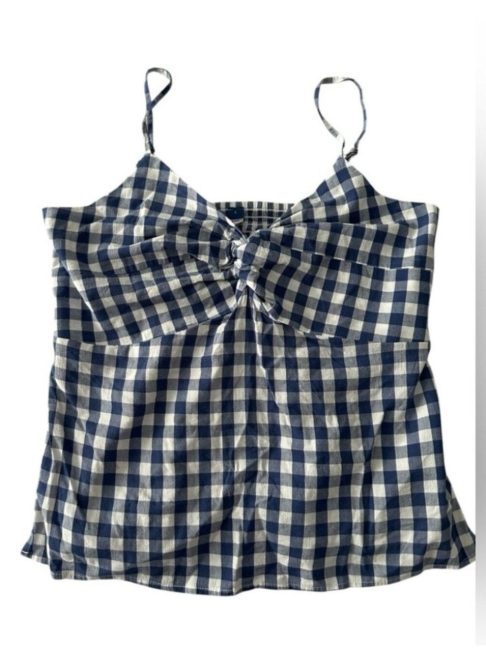 blue & white gingham print tie-front ruched back tank top